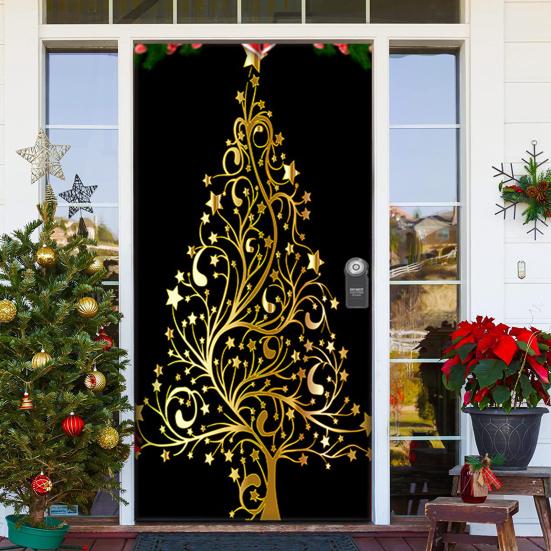 Christmas Door Cover Colorful Print Christmas Door Decoration Backdrop Front Door Decor Holiday Festive Xmas Party Supplies