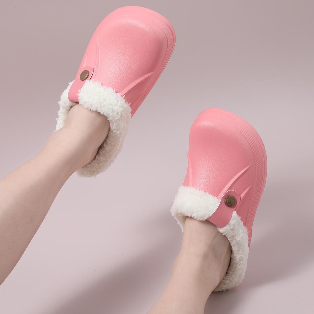 Fashion Comwarm Indoor Women Warm Slippers Garden Shoes Soft Waterproof EVA Plush Slippers Female Clogs Couples Home Bedroom Fuzzy Shoes