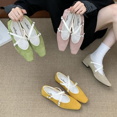 Туфли Мэри Джейн с перекрестными ремешками женские 2025 осень новая маленькая квадратная головка толстый каблук замша мягкая подошва одинарные туфли балетки