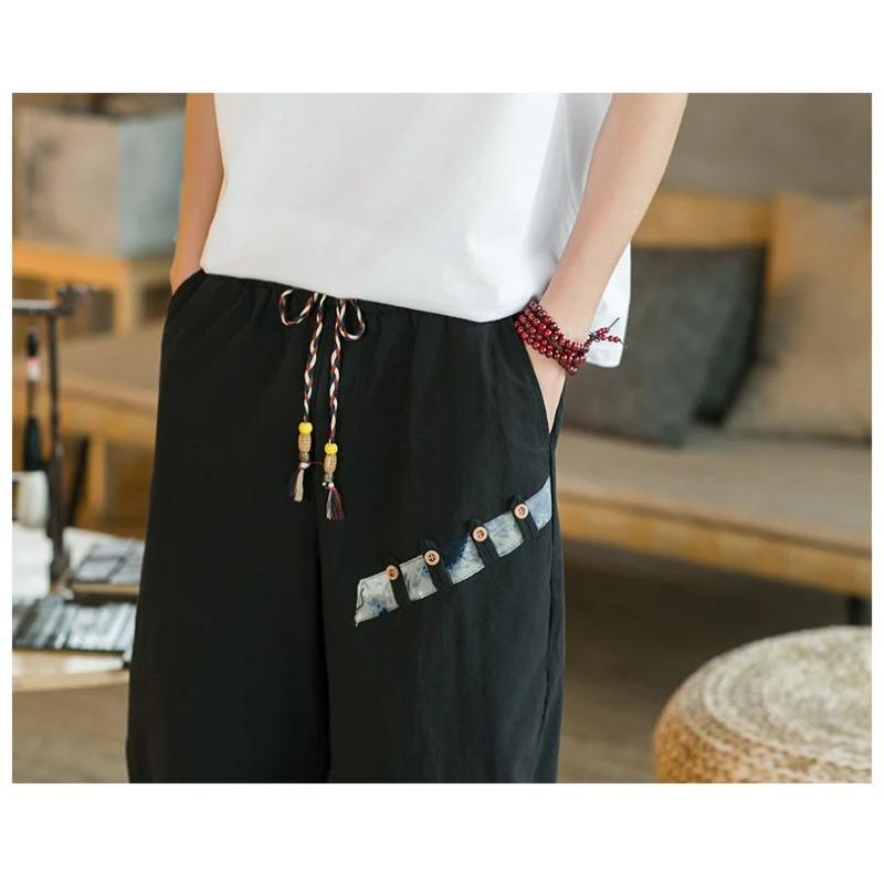 Японские льняные шаровары мужские летние дышащие укороченные льняные брюки мужские повседневные на резинке фитнес-брюки