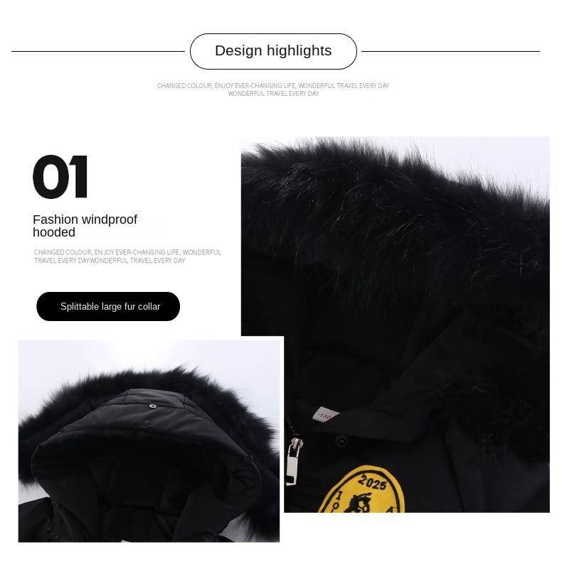 Утепленная детская куртка средней длины с большим меховым воротником и хлопковой подкладкой для ребенка