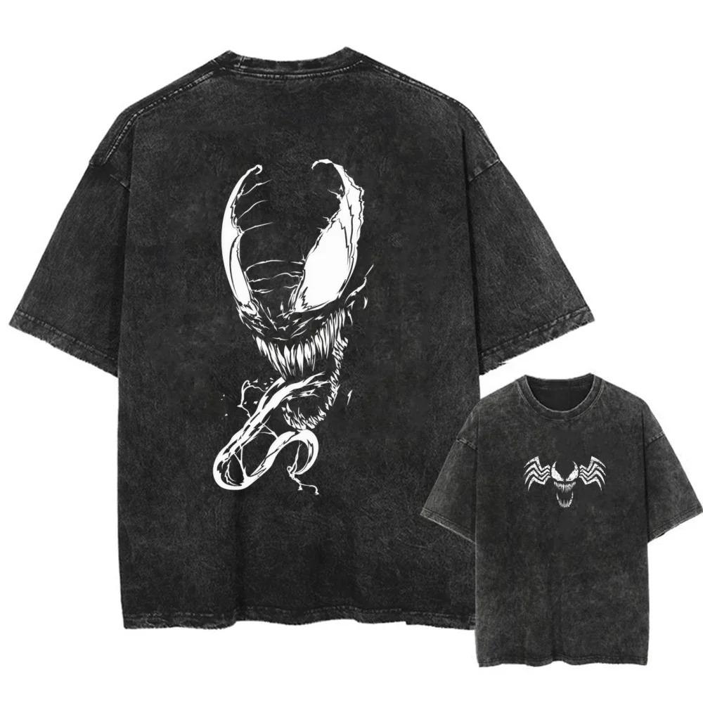 American Rebel Role Anime Venom Graphic Print T-Shirt Men Women Vintage Washed Cotton Summer New Tee Streetwear Hip Hop Harajuku Fashion Oversized Top