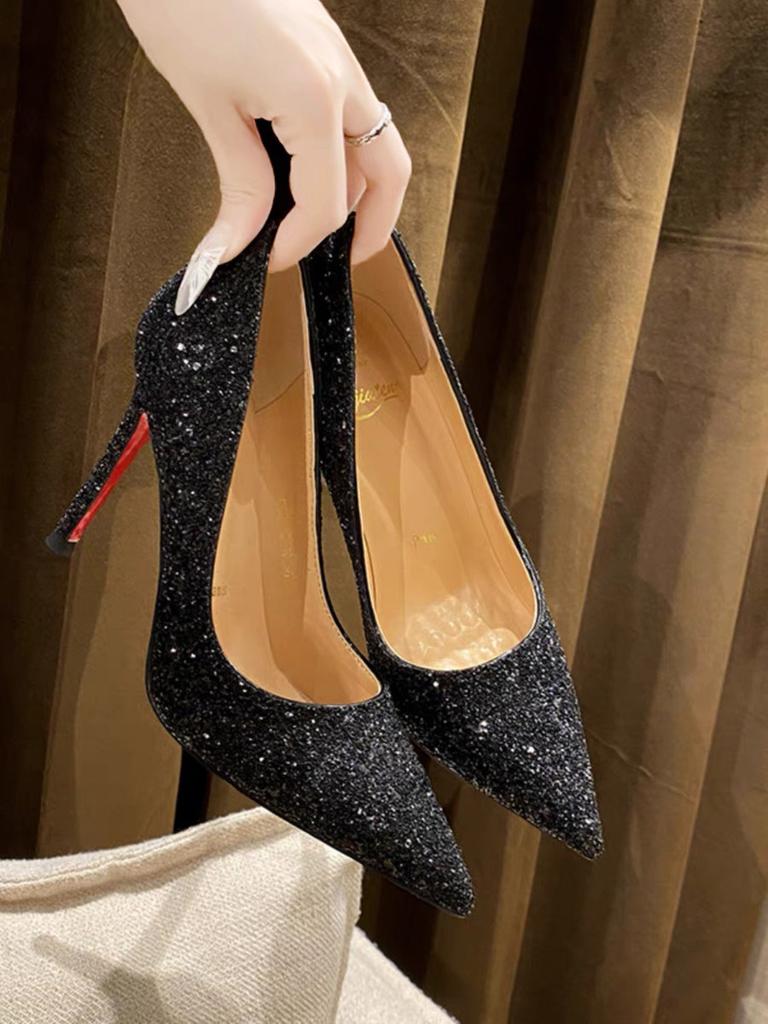 Черные туфли на высоком каблуке с красной подошвой, женские туфли-шпильки, осень-зима 2025, новые свадебные туфли с блестками и кристаллами, остроносые, профессиональные, сексуальные, одинарные туфли