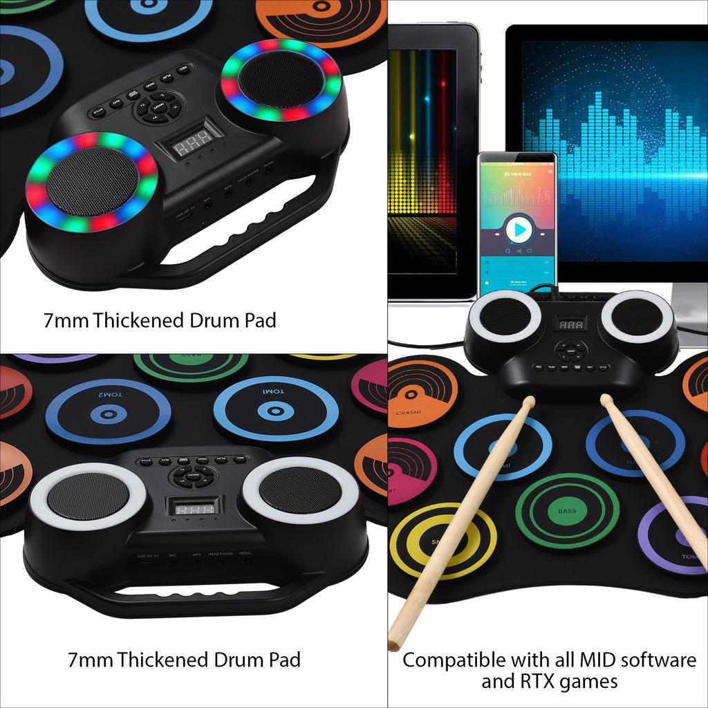 Электрическая барабанная установка Портативный набор барабанных пэдов 9 пэдов Встроенный динамик Светодиодный экран Мониторинг с