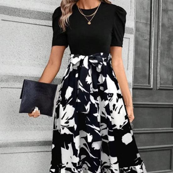 Летнее платье с круглым вырезом, коротким рукавом, высокой талией, длинное платье, сшитое из нескольких частей