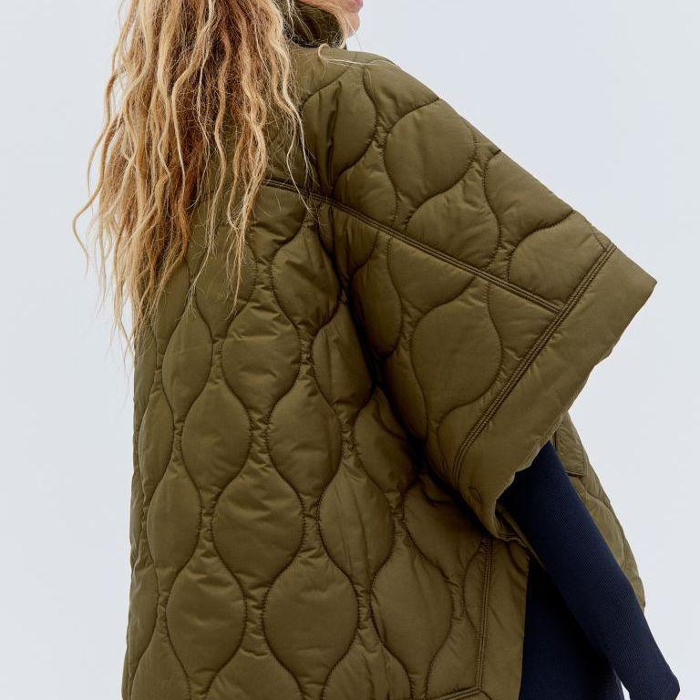 Autumn and Winter New Women Standing Neck Loose Medium Sleeve Diamond Quilted Waterproof Cloak Coat
