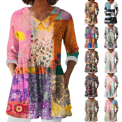 Женская Мода Повседневная Семь Рукавов Карман Отложной Воротник Принт Футболка Рубашка Топ