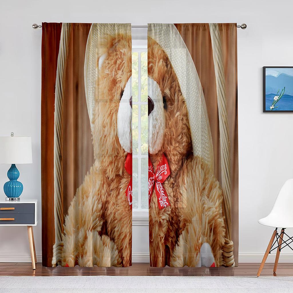 Семейные тюлевые шторы Happy Teddy Bears для кухни, гостиной, спальни, прозрачный шифон, прозрачная оконная занавеска из вуали