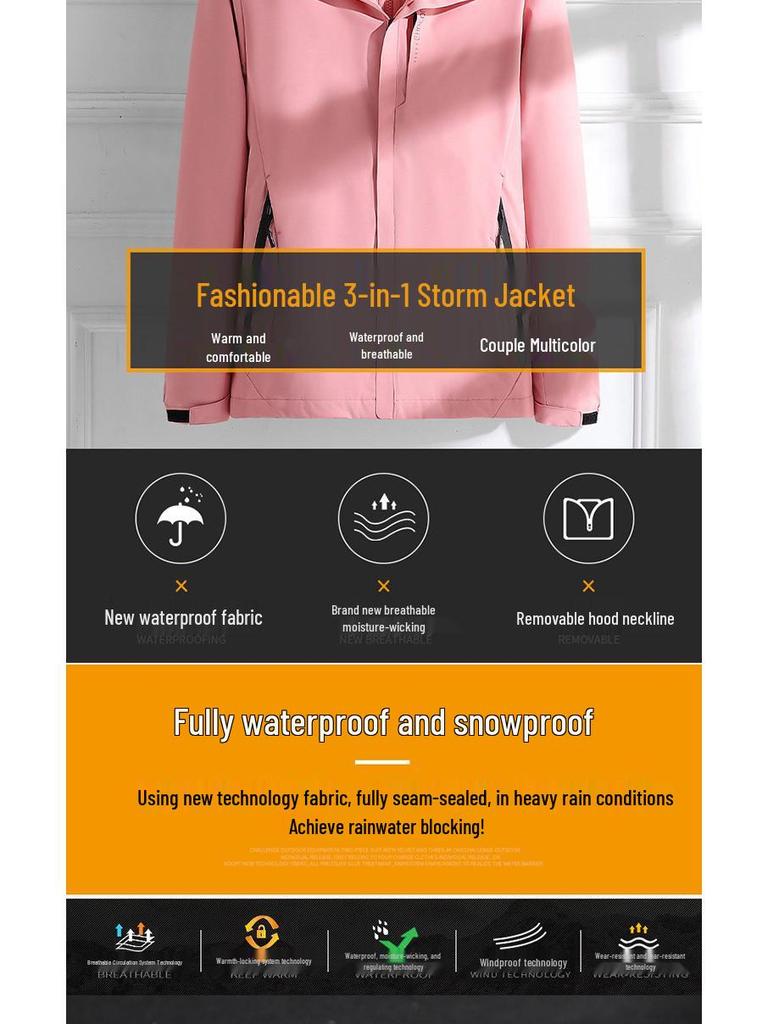 Couples' 3-in-1 Detachable Coat: Fleece-Lined, Windproof, Waterproof for Autumn/Winter Outdoor Adventures