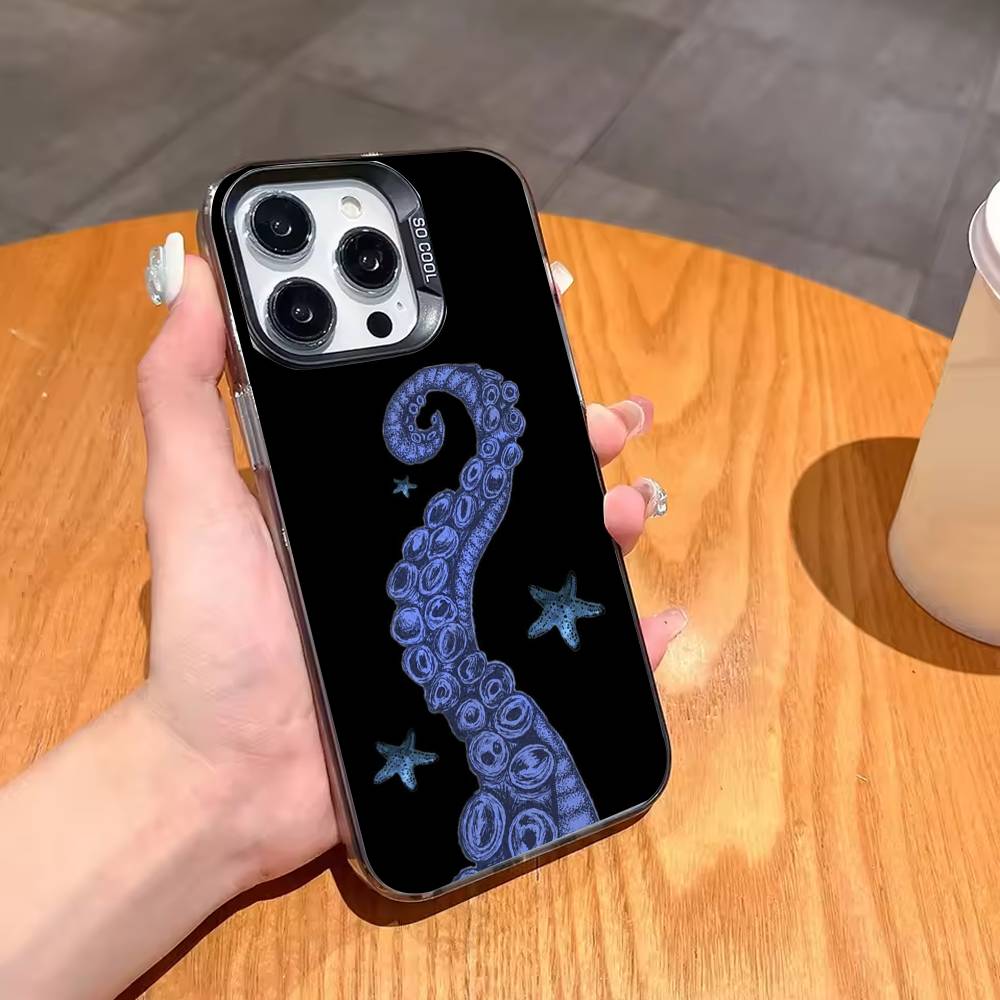 O-Осьминог S-Морские Животные O-Океан Чехол для Телефона Для iPhone17,16,15,14,13,12,11,Pro,MAX Серый Матовый Силиконовый Черный Чехол
