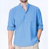 Men's Long-sleeved Vacation Shirt, Casual Life with Pocket Solid Color Cotton Long-sleeved Button Henry Shirt