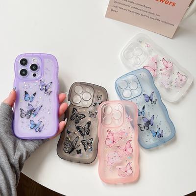 Glitter Stars Butterfly Clear Phone Case for iPhone 16E 11 12 13 14 15 16 Pro Max Soft TPU Wave Edges Shockproof Cover Shell