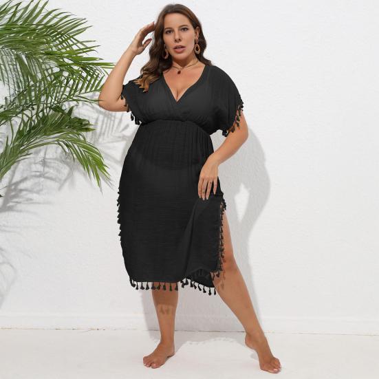Women Bikini Cover Up Dress Solid Color V-Neck Short Sleeve Elastic High Waist Tassel Patchwork Cover Up Dress