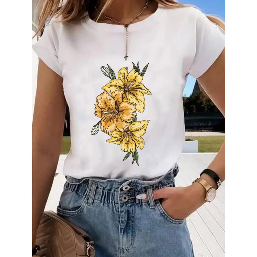 Floral Sweet and Cute Fashion Printing Women's O-neck Clothes T-shirt Short-sleeved Casual Daily Top