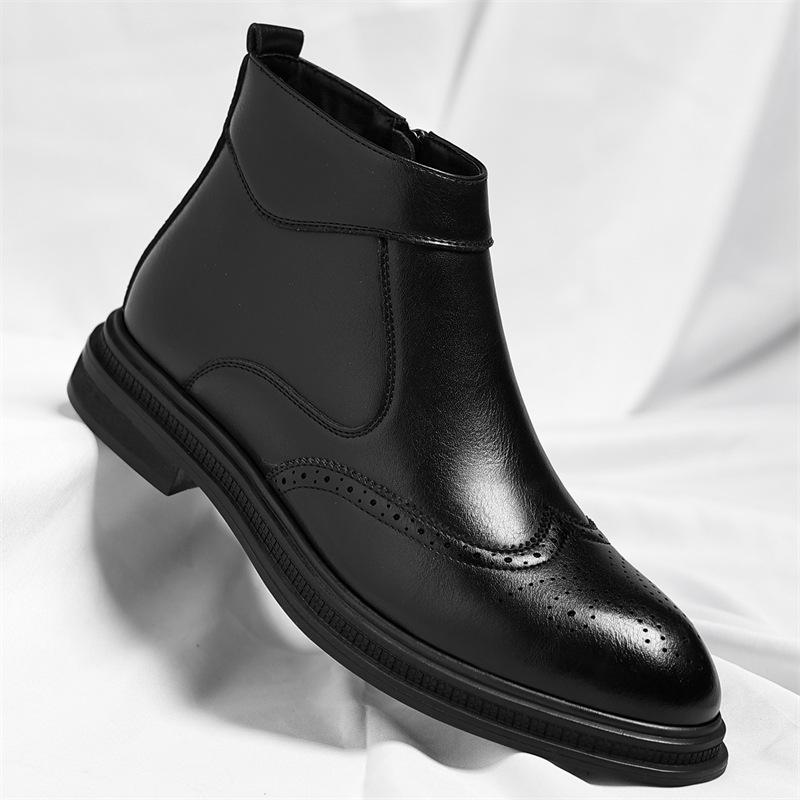 Autumn Winter New Big Size Chelsea Boots Men Fleece Keep Warm High Top Ankle Boots Male Solid Color Cow Leather Brogue Shoes Man