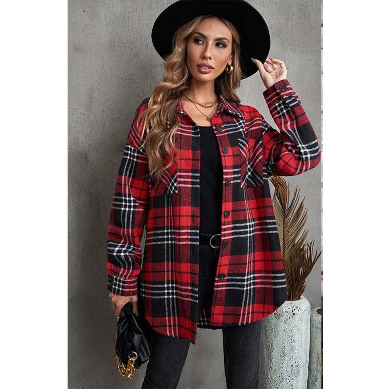 Autumn and Winter Women's Plaid Shirt Jacket Lapel Single-breasted Shirt Commuter Loose Plaid Tweed Jacket