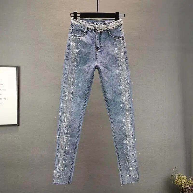 Women Rhinestone Skinny Jeans Autumn Casual High Waist Thin Nine Pants