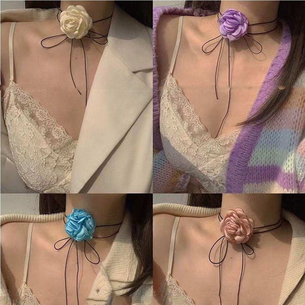 Cloth Big Flower Choker Lace-up Rope Knot Clavicle Chain Exquisite Flower Necklace  Women
