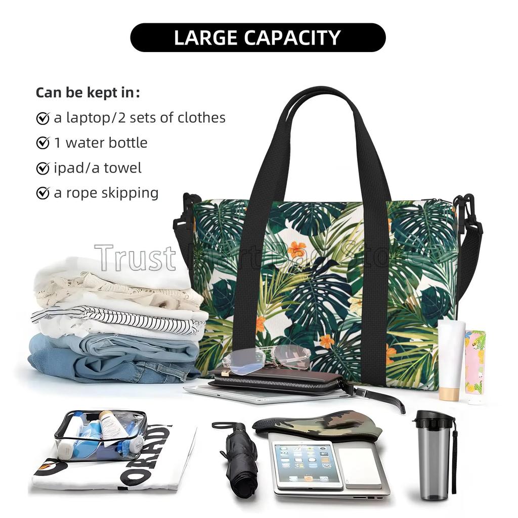 Hawaiian Palm Leaves Print Travel Duffle Bag Lightweight Waterproof Weekender Overnight Bags Unisex Foldable Workout Handbag
