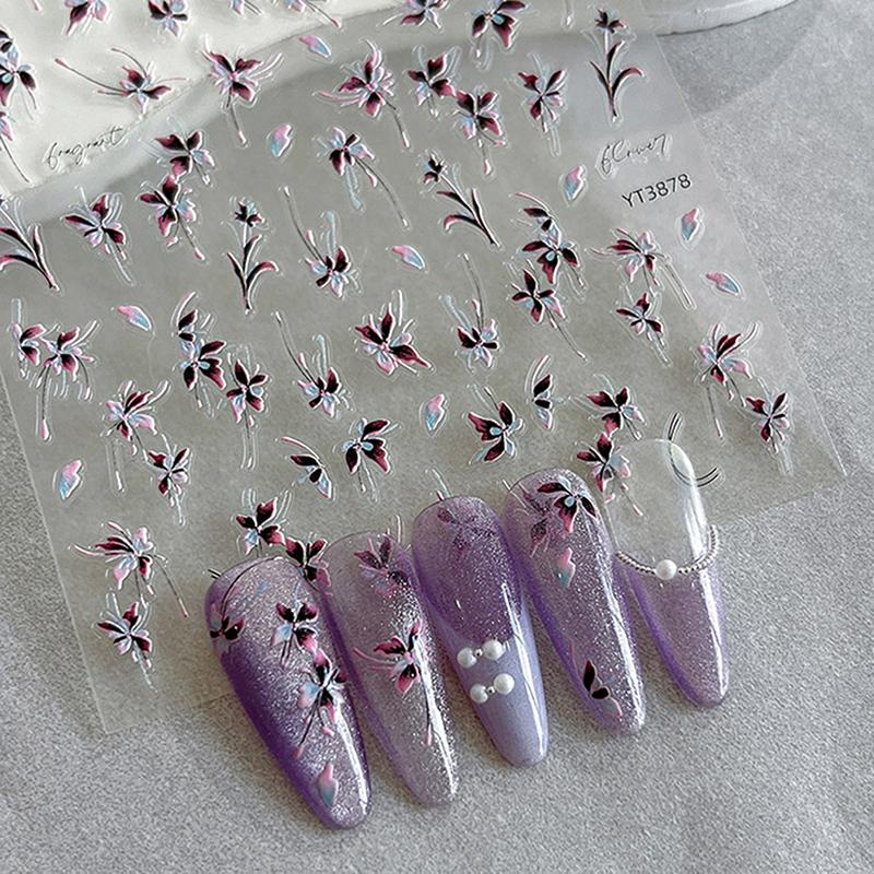 Наклейки для ногтей с рельефными цветами, темные градиентные розовые цветы, светлый роскошный стиль, клейкая основа, украшение для ногтей, маникюрный салон