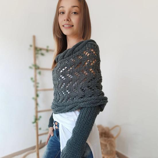 Knitted Cable Wrap Scarf with Sleeves Soft Bohemian Style Shawl Scarf Hollow Crochet Pattern