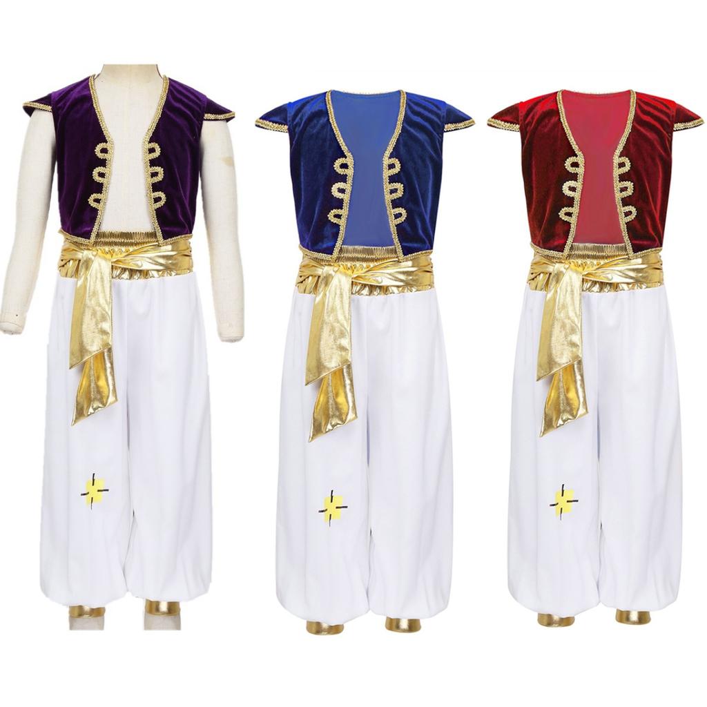 Kids Boys Arabian Prince Costumes Cap Sleeves Vest Waistcoat with Pants Set for Halloween Carnival Cosplay Theme Party