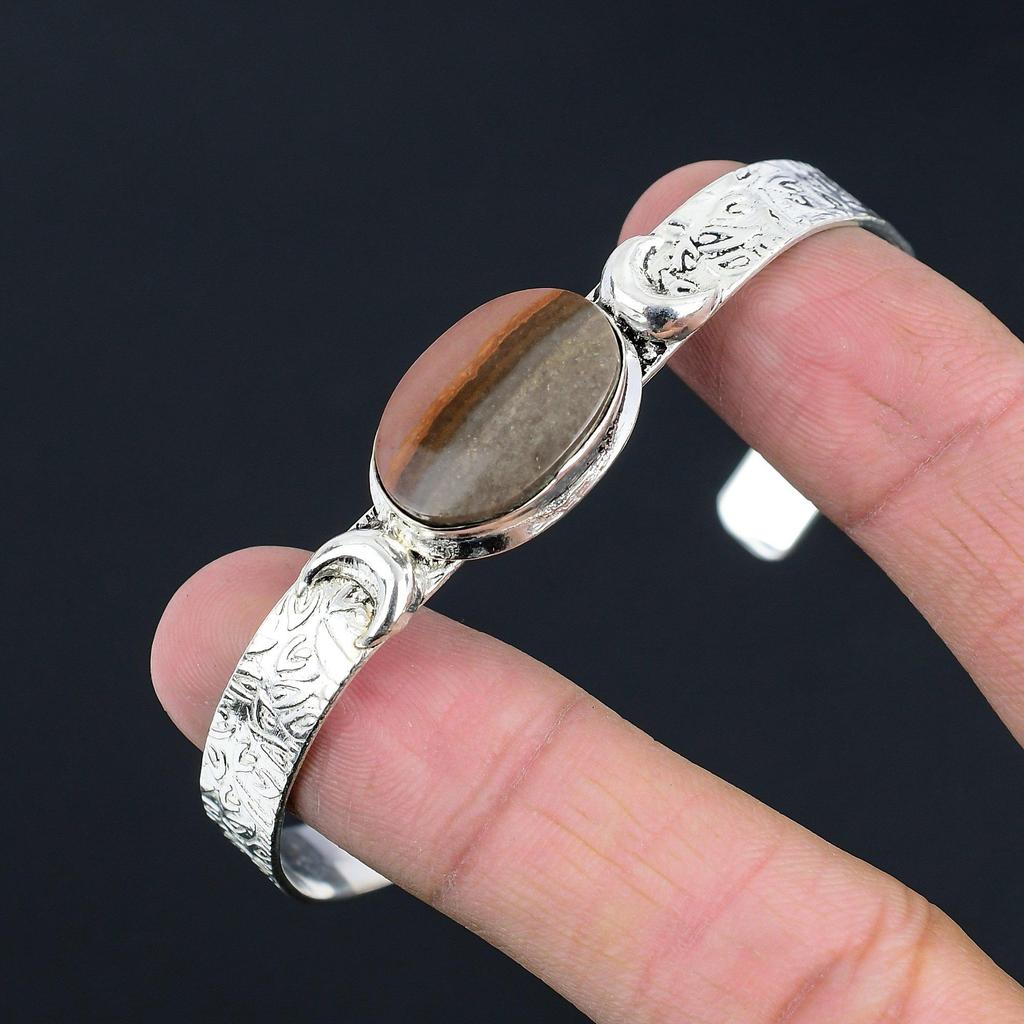 Landscape Jasper Gemstone 925 Silver Crescent Moon Anniversary Bangle Bracelet