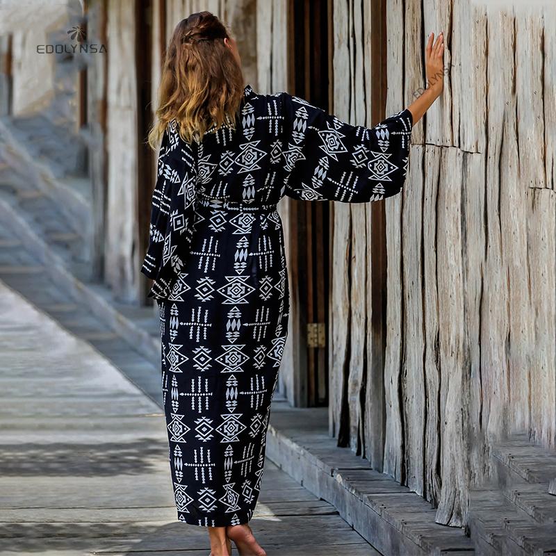 2022 модный купальник с геометрическим принтом, хлопковое кимоно с длинным рукавом и поясом, повседневное женское пляжное платье Q1340ear, купальный костюм, накидка