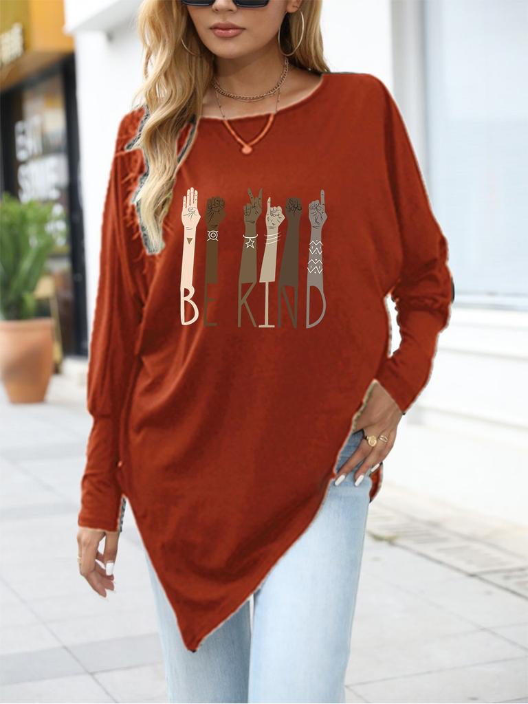 Women's Oversize Long-Sleeve Spring/Fall Asymmetrical Hem T-Shirt Fashion Printed Logn Sleeve Top
