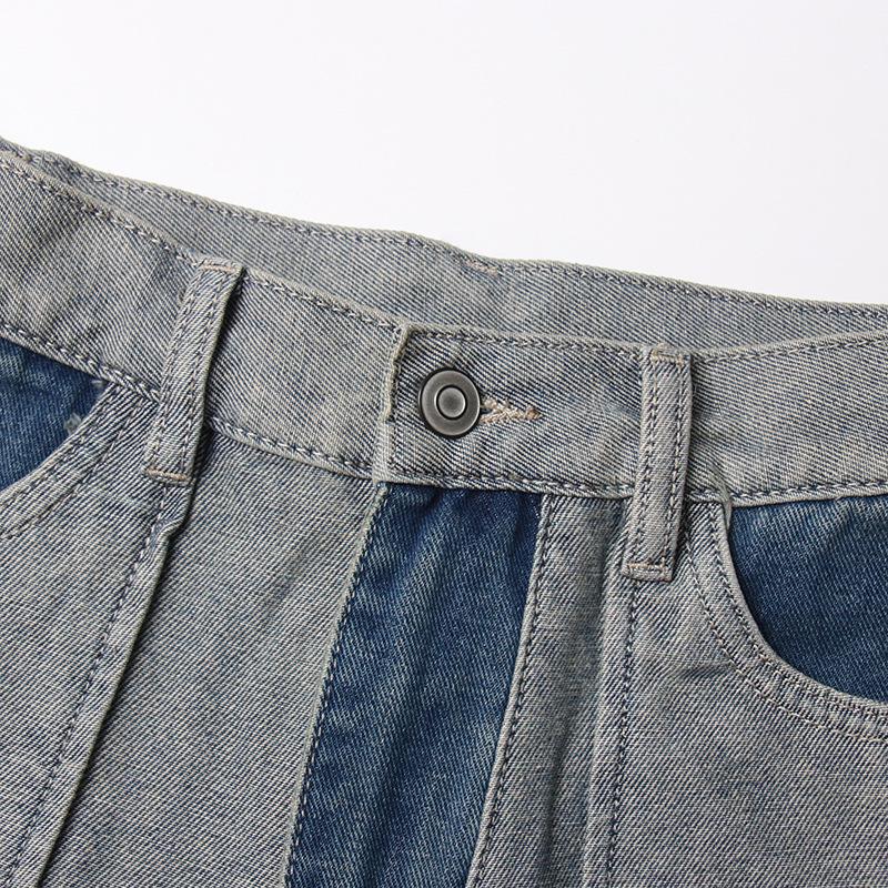 Весна 2025 г. Узкие джинсовые брюки с высокой талией и цветными блоками — европейский и американский стиль