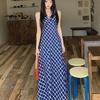 Blue Plaid Halter Neck A-Line Midi Dress Women High Waist Vacation Style 2025 TR Fabric