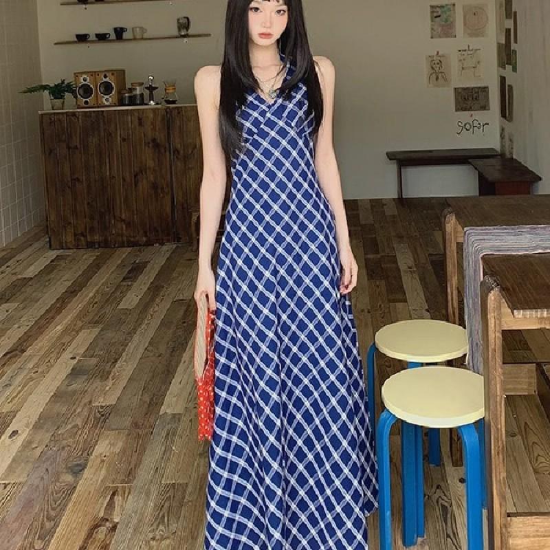 Blue Plaid Halter Neck A-Line Midi Dress Women High Waist Vacation Style 2025 TR Fabric