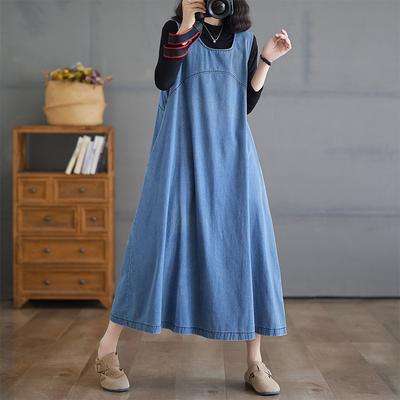 Плюс размер 2024 осень женское джинсовое платье хлопок повседневное винтажное свободное платье большого размера без рукавов базовое
