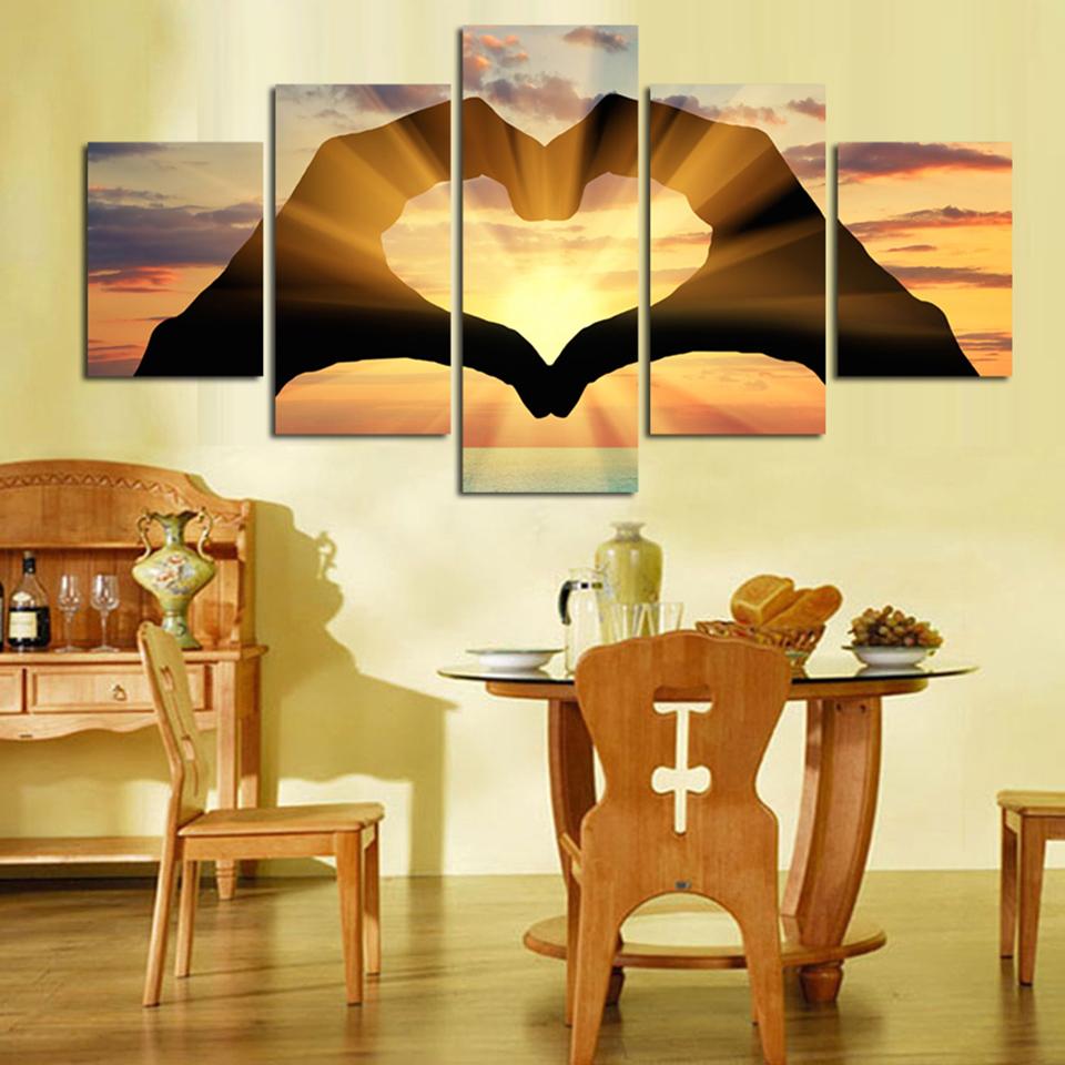 Modern Wall Art Poster Home Decor 5 Panel Sunset Hand Love Seascape Living Room Print Canvas HD Painting Pictures Modular No Frame