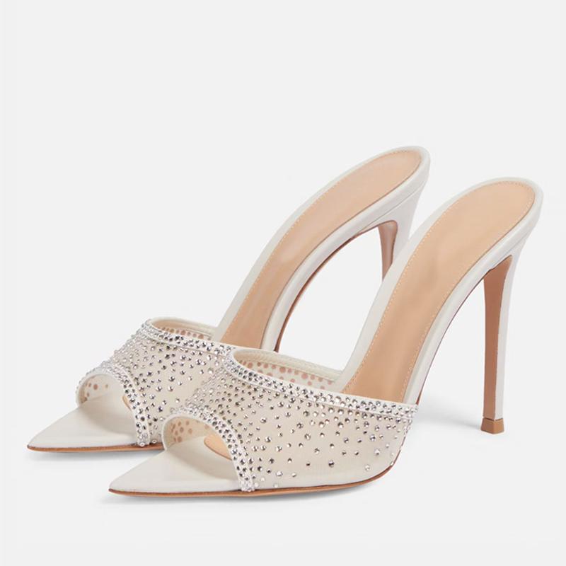 Liyke Летняя мода Кристалл Стразы сетчатые женские тапочки вечерние банкетные туфли мюли сексуальные острые носки тонкие высокие каблуки шлепанцы