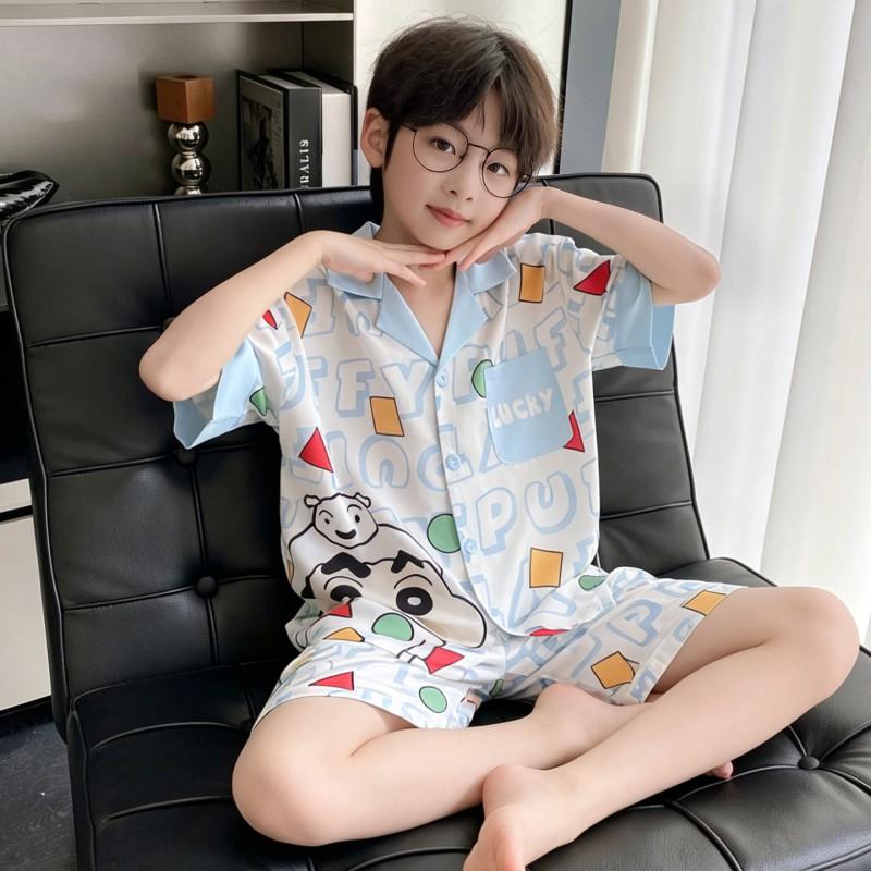 Boys Pajama Set Ice Silk 3-Piece Short Sleeve Lounge Wear Kids 8 Years Cartoon Print Lightweight Sleepwear