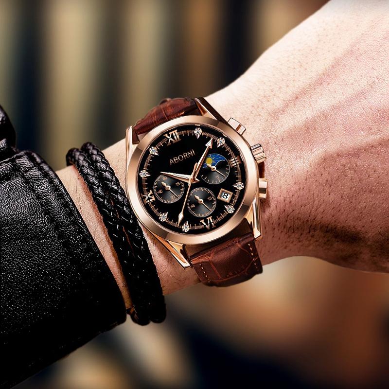 ABORNI Роскошные мужские наручные часы с хронографом, водонепроницаемые, светящиеся, мужские часы из кожи, высококачественные спортивные кварцевые часы для мужчин