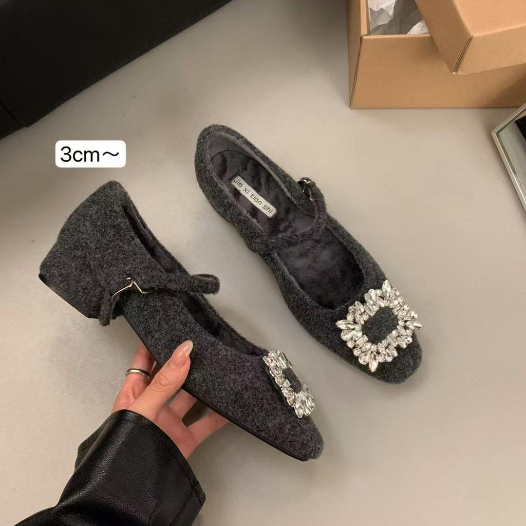 French velvet gray Mary Jane fluffy shoes women's shoes 2025 autumn and winter temperament high heel square head rhinestone shoes