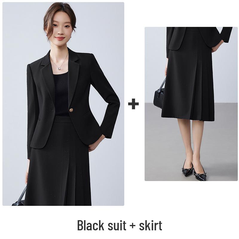 Women's Apricot Silver Suit Jacket & Midi Skirt Set - Spring/Autumn 2025, Slim Fit, High-End Two-Piece