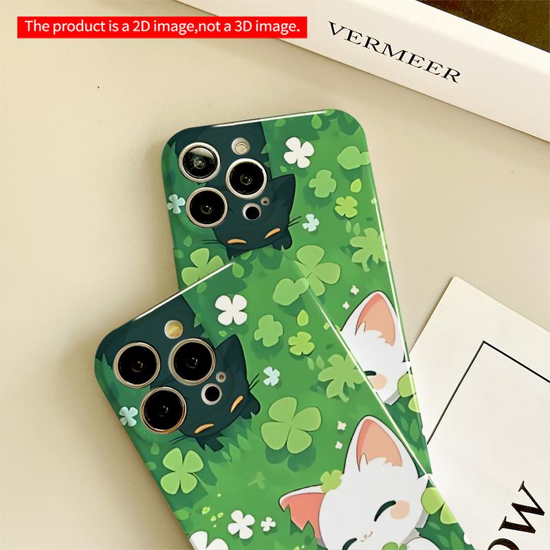 2DFlat Cute Cats in Clover Garden Phone Case All inclusive film hard iPhone case, compatible with iPhone 18 Pro Max 17 16 15 14 13 12 11
