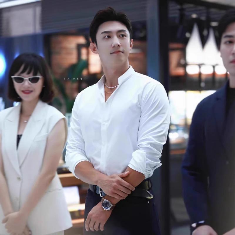 Мужская рубашка с воротником-стойкой, не требующая глажки, с длинным рукавом, приталенная, с открытой передней частью, повседневная, для бизнеса