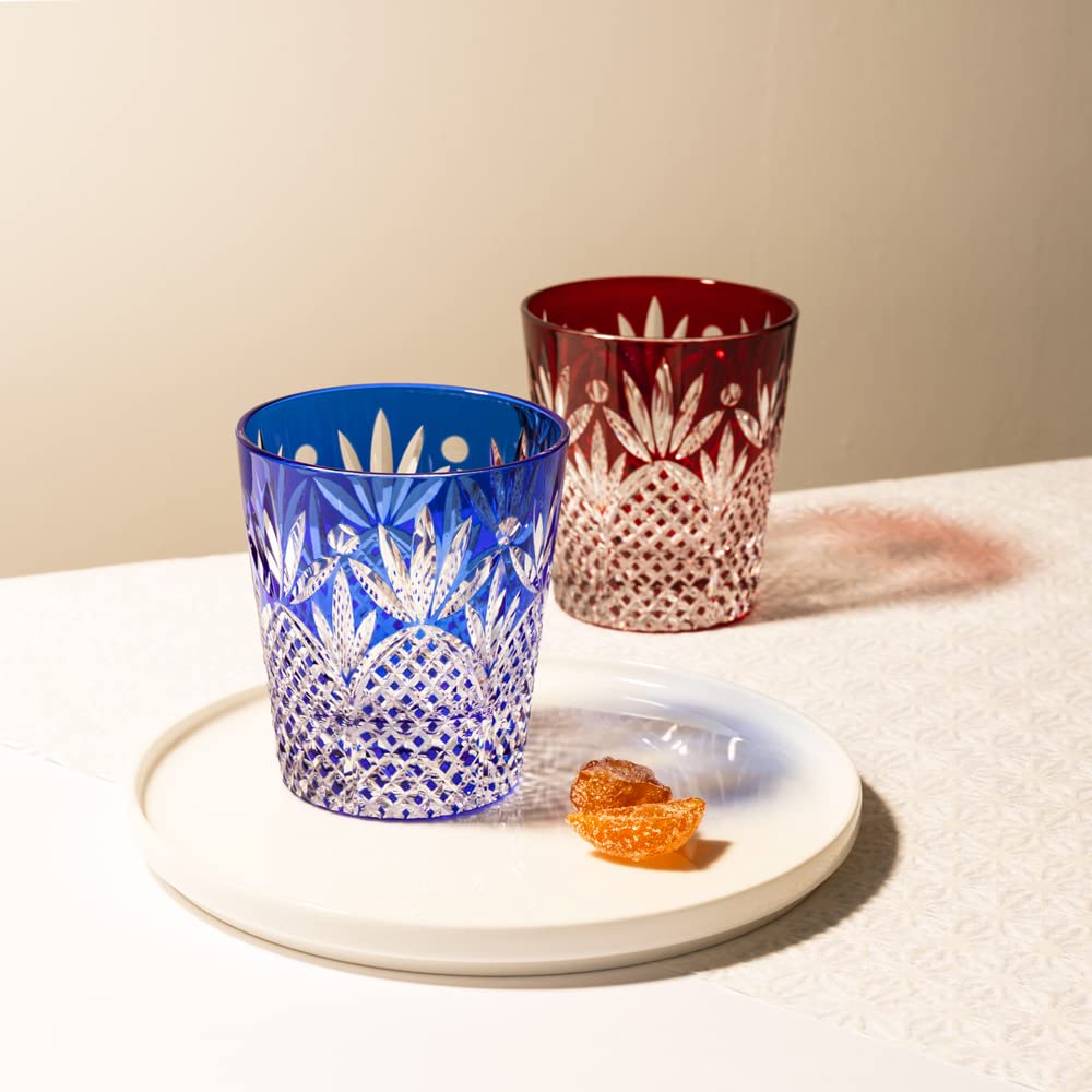 NARUMI Rock Glass Pair Glass Glassworks Prince 270cc Blue Red Color Covered Kiriko Whiskey Glass Old Glass Day Present Gift Box Included & Father's