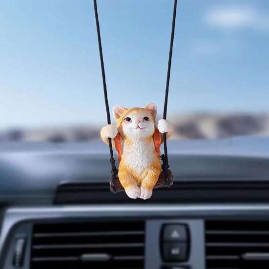 Resin Cat Pendant Swinging Kitten Hanging Figurine Car Rearview Mirror Decoration with Adjustable Lanyard Gift for Cat Lovers