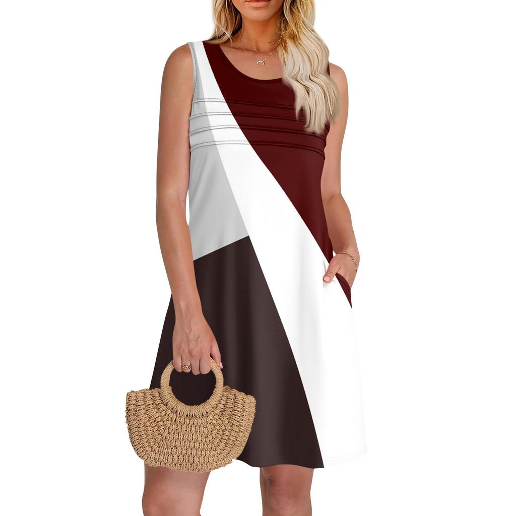 Женские летние платья с круглым вырезом, плиссировкой спереди, без рукавов, карманами, сарафаном, повседневным платьем