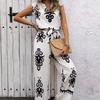 Women Chic Two Pieces Sets Crop Top V Neck Sleeveless Print Basics High Waitst Wide Pants Fashion Summer Sets