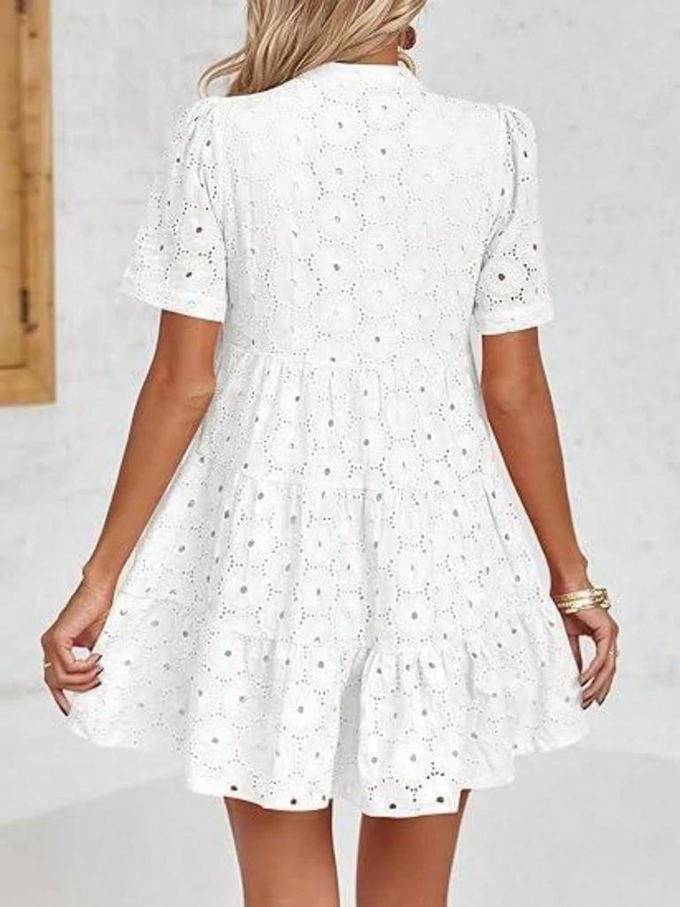 Women's Eyelet Lace Babydoll Dress Short Sleeve V Neck Flowy Summer Tunic Dress