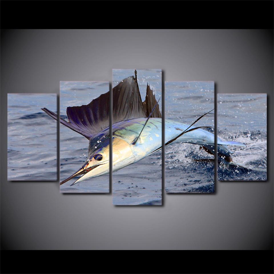 HD Wall Art Canvas Painting Home Decorative Pictures Modular Painting 5 Panel Swordfish Prints For Living Room