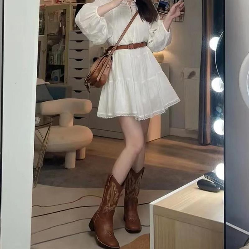 Ботинки Martin ковбойские рыцарские сапоги летние He Sui вестерн юбка новая тот же стиль с вышивкой универсальная мода повседневная