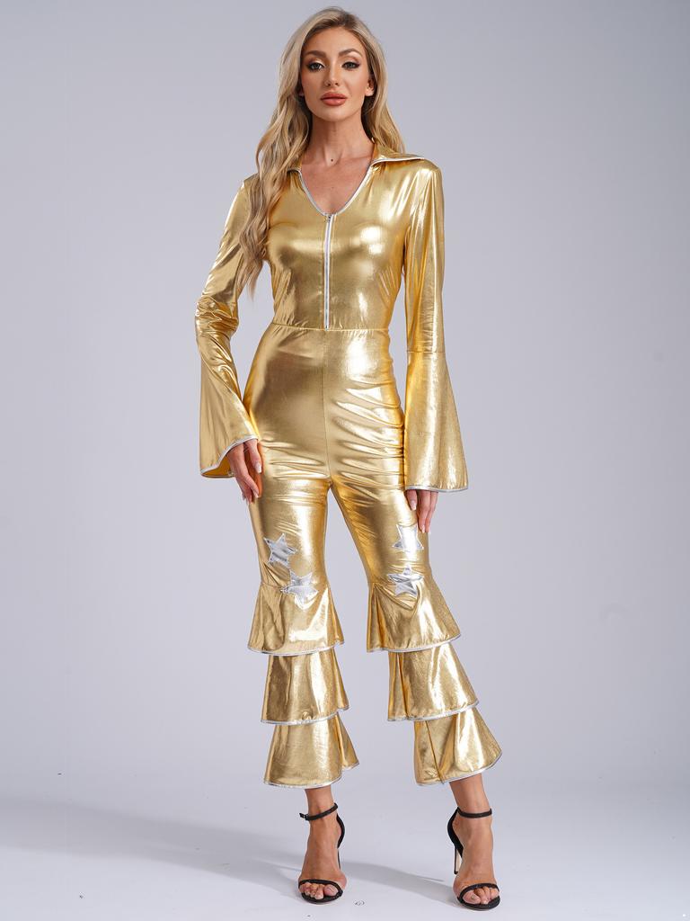 Women Flared Jumpsuit Bar Nightclub Disco Costume Sparkle Retro Cosplay Prom Party Costume 70s 80s Disco Outfit One Piece