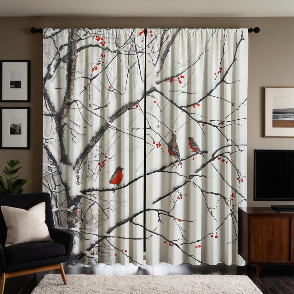 2-piece set of high-definition digital printed curtainwinter snow tree redbirds redberries rodcurtain styleHome decoration style